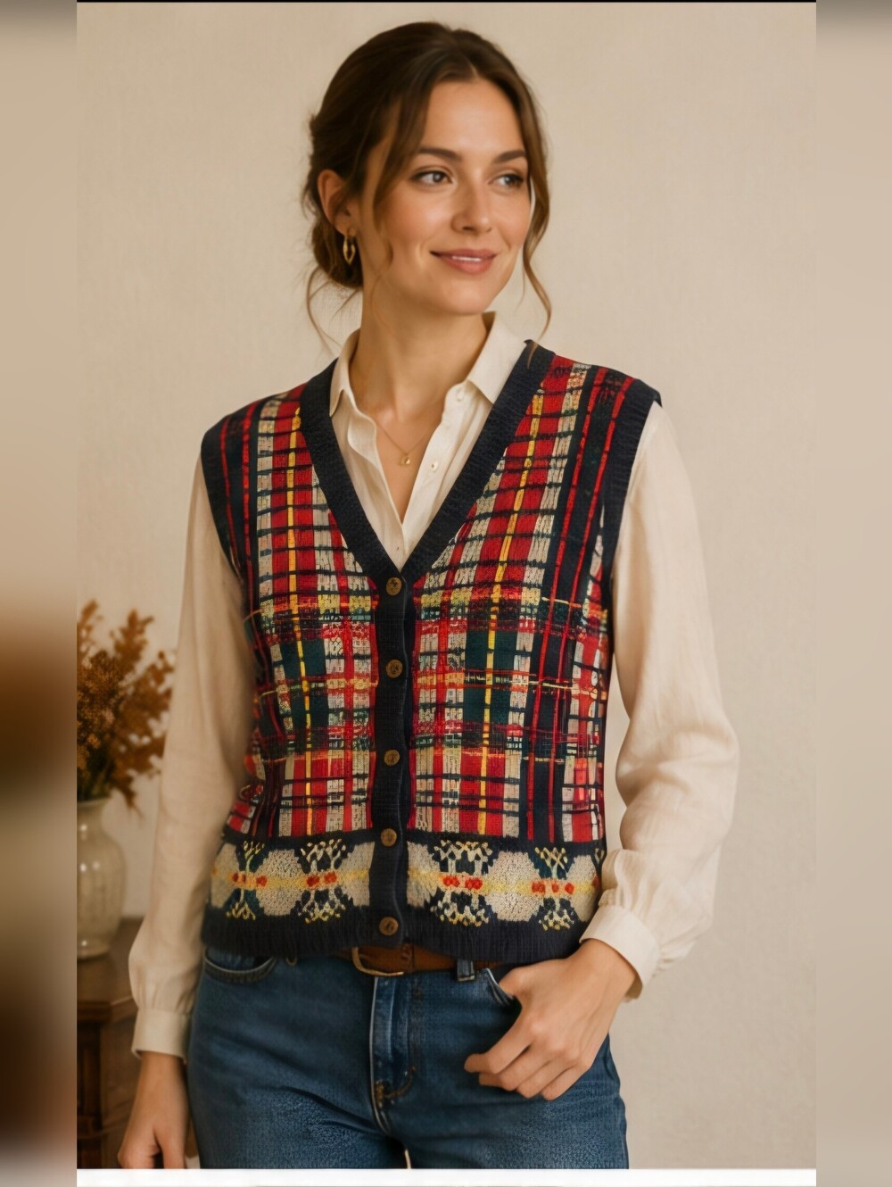 Vintage Gina Peters Women's Plaid Sweater Vest Large Wool Blend